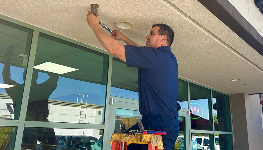 Randy is replacing a fire sprinkler at the Great Mall in Milpitas
